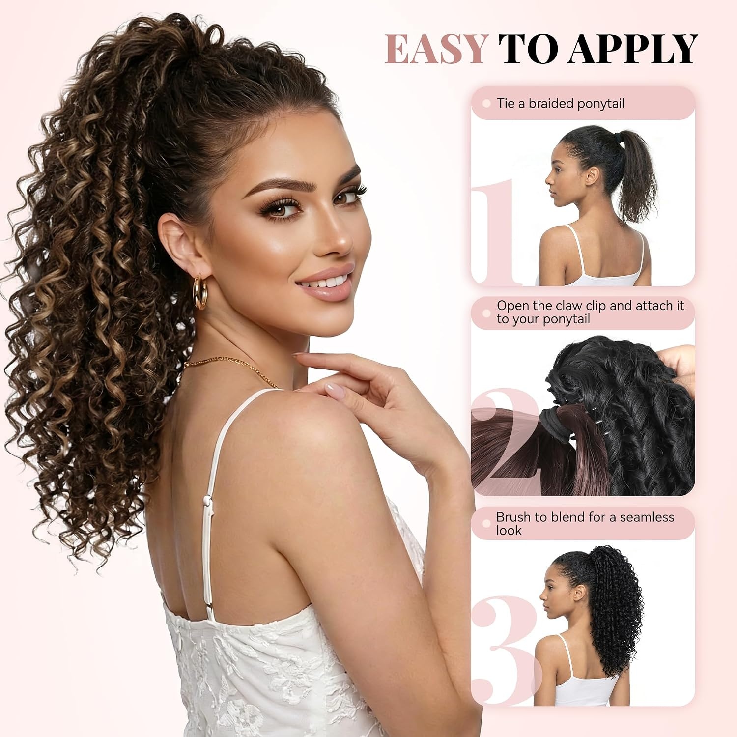 image:image16 Inch Ponytail Extension Clip in Ponytail Hair Extensions Curly Spring Curls Pony Tails Hair Extensions Synthetic Claw Clip Ponytail Extension for Women Color Copper BrownChestnut Brown With Golden Highlights