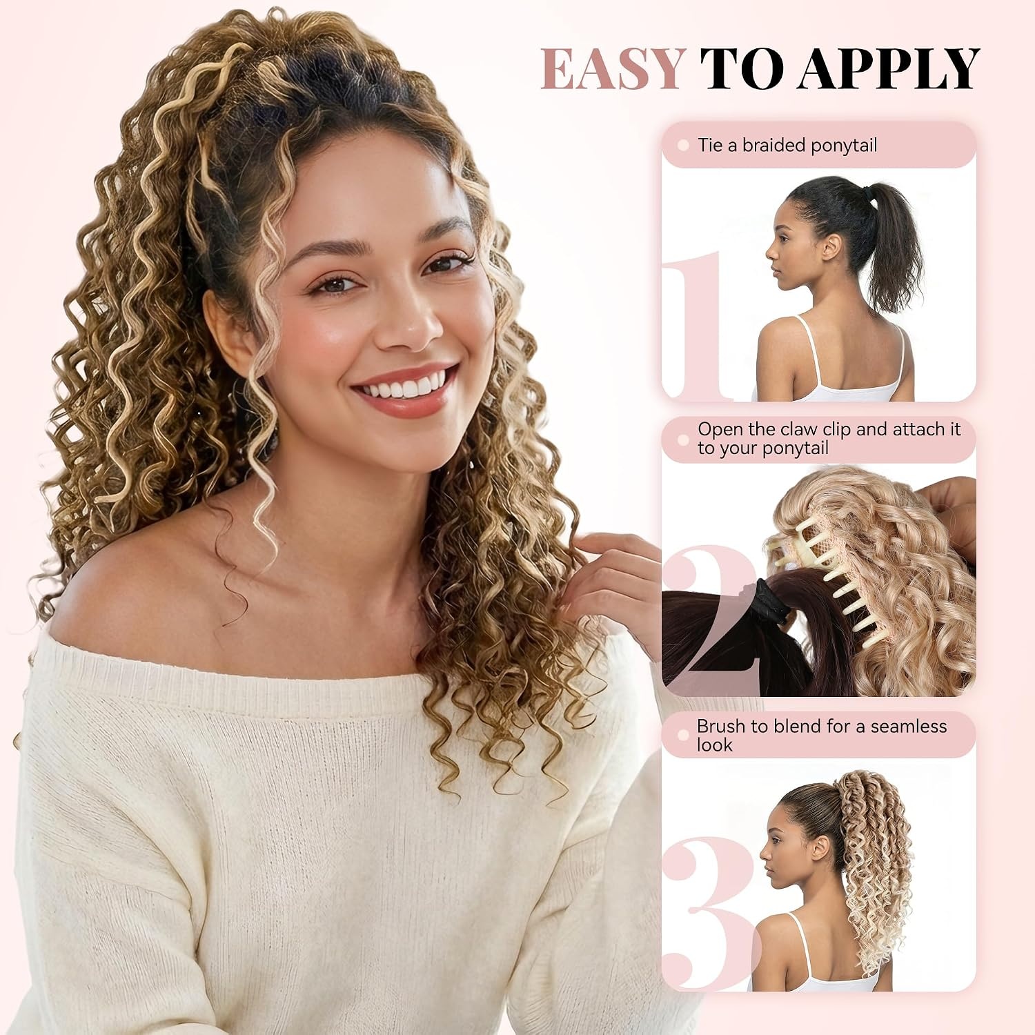 image:image16 Inch Ponytail Extension Clip in Ponytail Hair Extensions Curly Spring Curls Pony Tails Hair Extensions Synthetic Claw Clip Ponytail Extension for Women Color Copper BrownLight Brown With Beige Highlights
