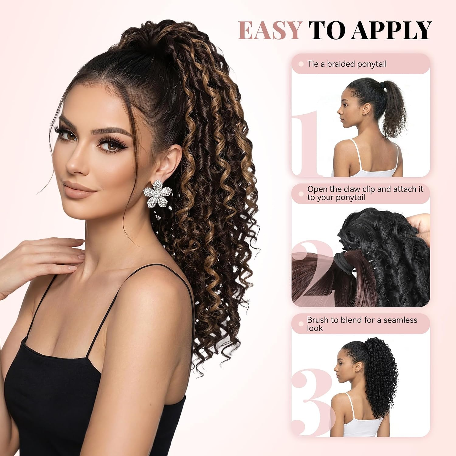 image:image16 Inch Ponytail Extension Clip in Ponytail Hair Extensions Curly Spring Curls Pony Tails Hair Extensions Synthetic Claw Clip Ponytail Extension for Women Color Copper BrownBrown with Blonde Highlights