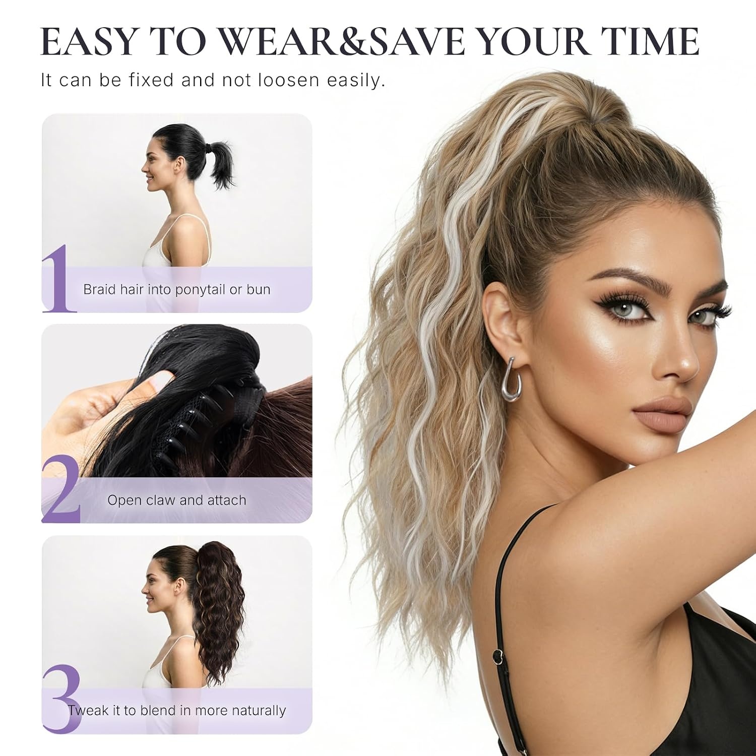 image:imageZQIAN BEAUTY 18 Inch Claw Clip Ponytail Extension Wavy Pony Tails Hair Extensions Synthetic Hair Extensions Ponytail Clip On Ponytails for Women Dark Brown with Honey Blonde HighlightsAsh Blonde with White Highlights