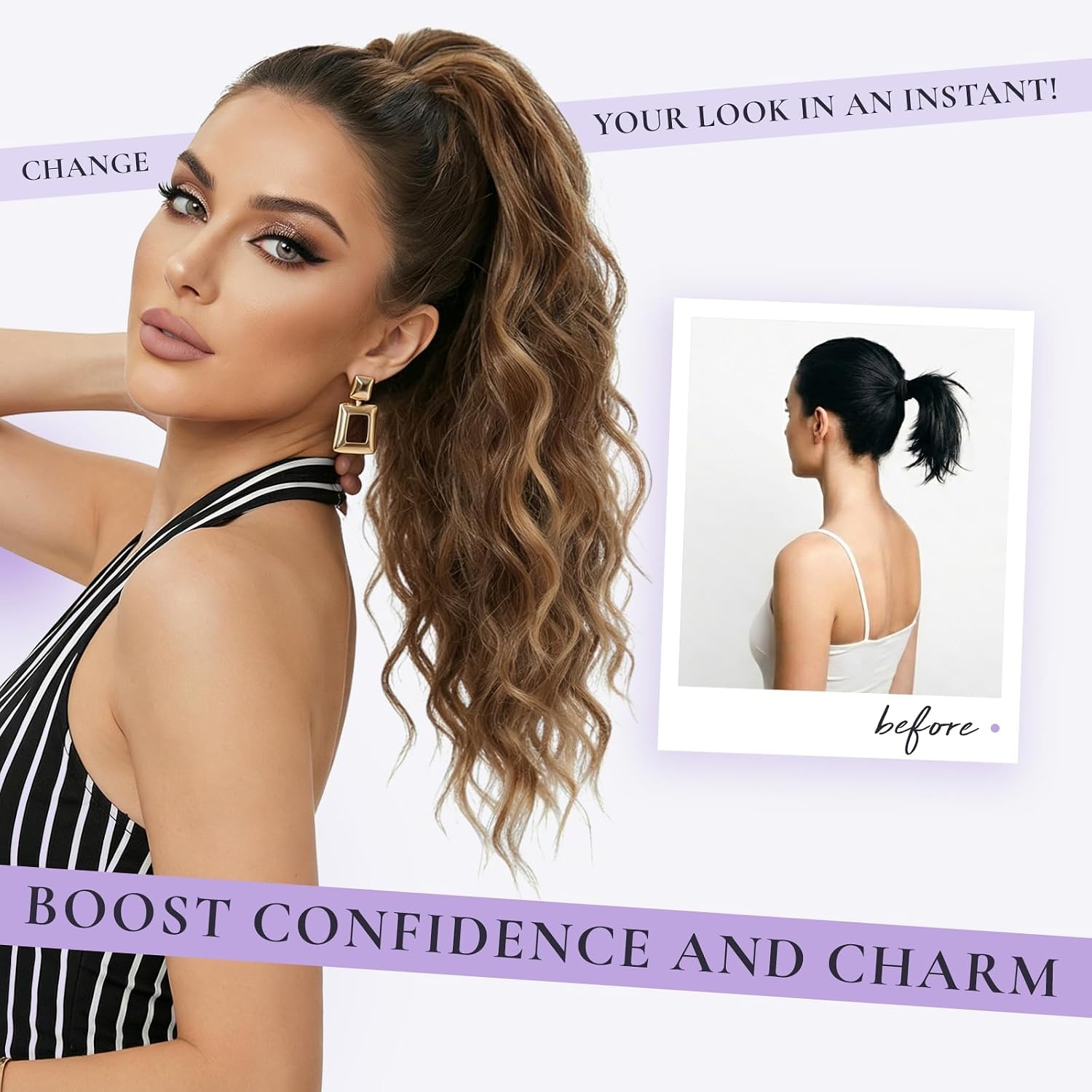 image:imageZQIAN BEAUTY 18 Inch Claw Clip Ponytail Extension Wavy Pony Tails Hair Extensions Synthetic Hair Extensions Ponytail Clip On Ponytails for Women Dark Brown with Honey Blonde HighlightsLight Brown with Blonde Ends