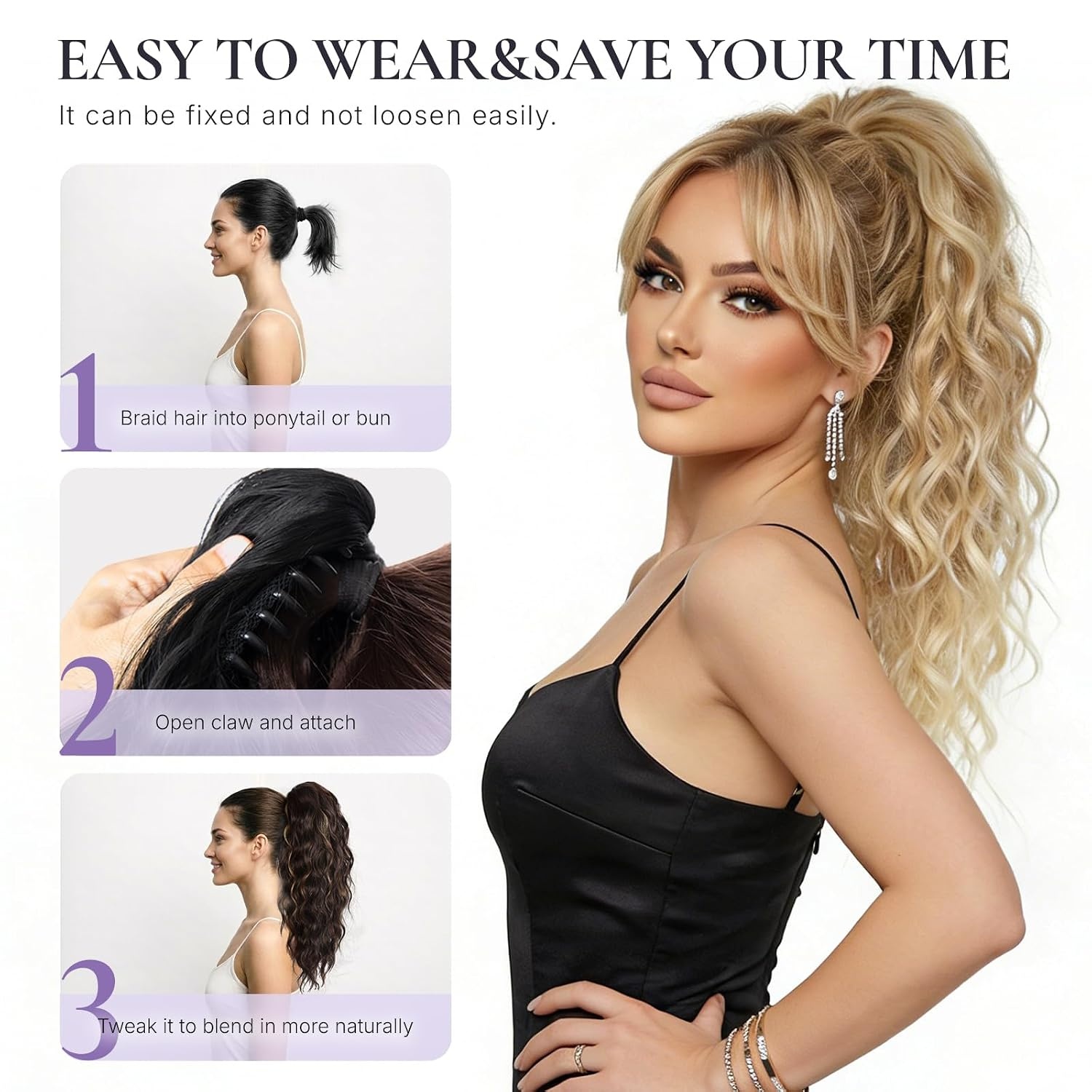 image:imageZQIAN BEAUTY 18 Inch Claw Clip Ponytail Extension Wavy Pony Tails Hair Extensions Synthetic Hair Extensions Ponytail Clip On Ponytails for Women Dark Brown with Honey Blonde HighlightsMedium Blonde with Bleach Blonde Ends
