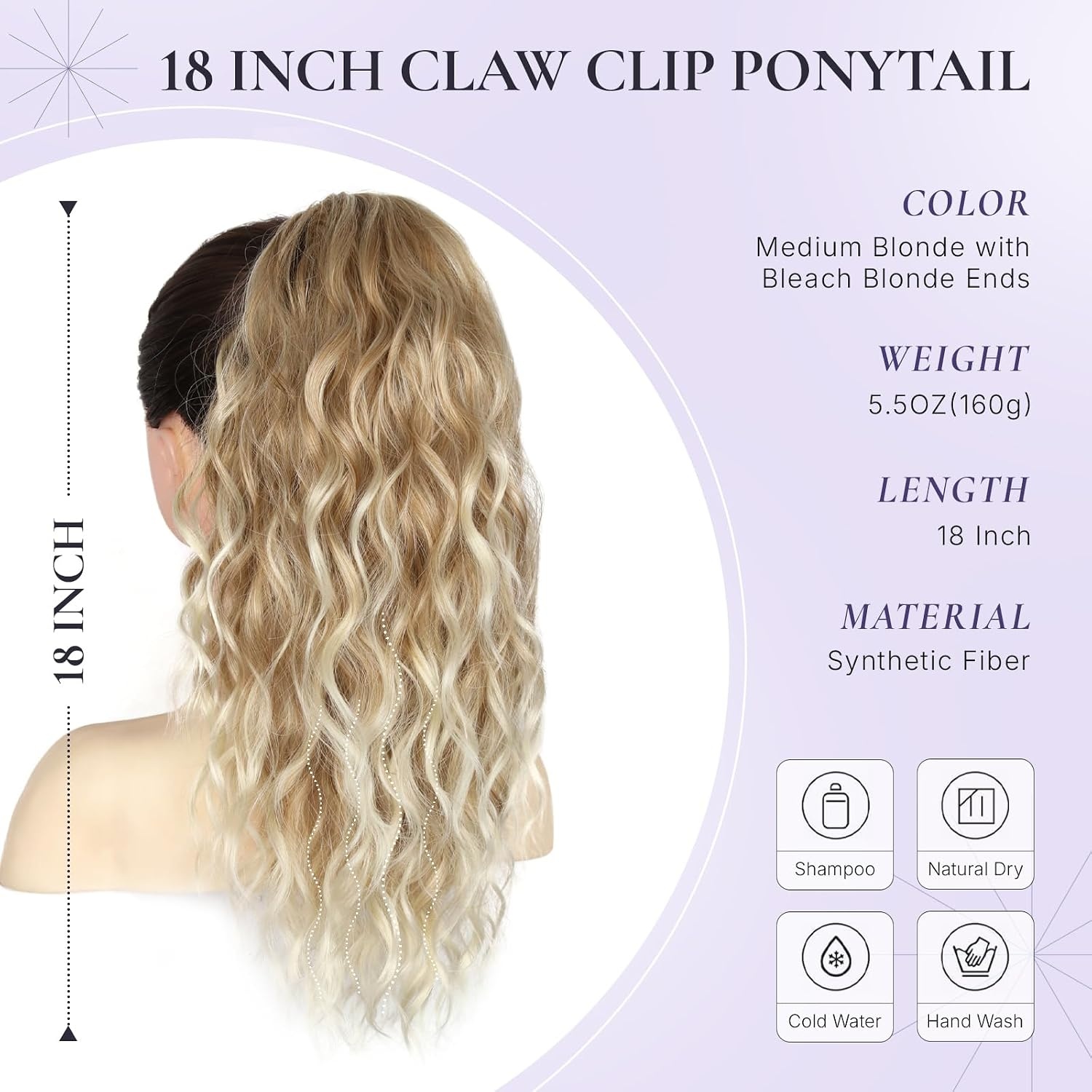 image:imageZQIAN BEAUTY 18 Inch Claw Clip Ponytail Extension Wavy Pony Tails Hair Extensions Synthetic Hair Extensions Ponytail Clip On Ponytails for Women Dark Brown with Honey Blonde HighlightsMedium Blonde with Bleach Blonde Ends