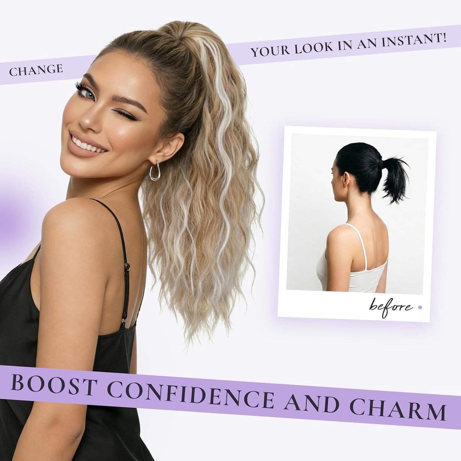 image:imageZQIAN BEAUTY 18 Inch Claw Clip Ponytail Extension Wavy Pony Tails Hair Extensions Synthetic Hair Extensions Ponytail Clip On Ponytails for Women Dark Brown with Honey Blonde HighlightsAsh Blonde with White Highlights
