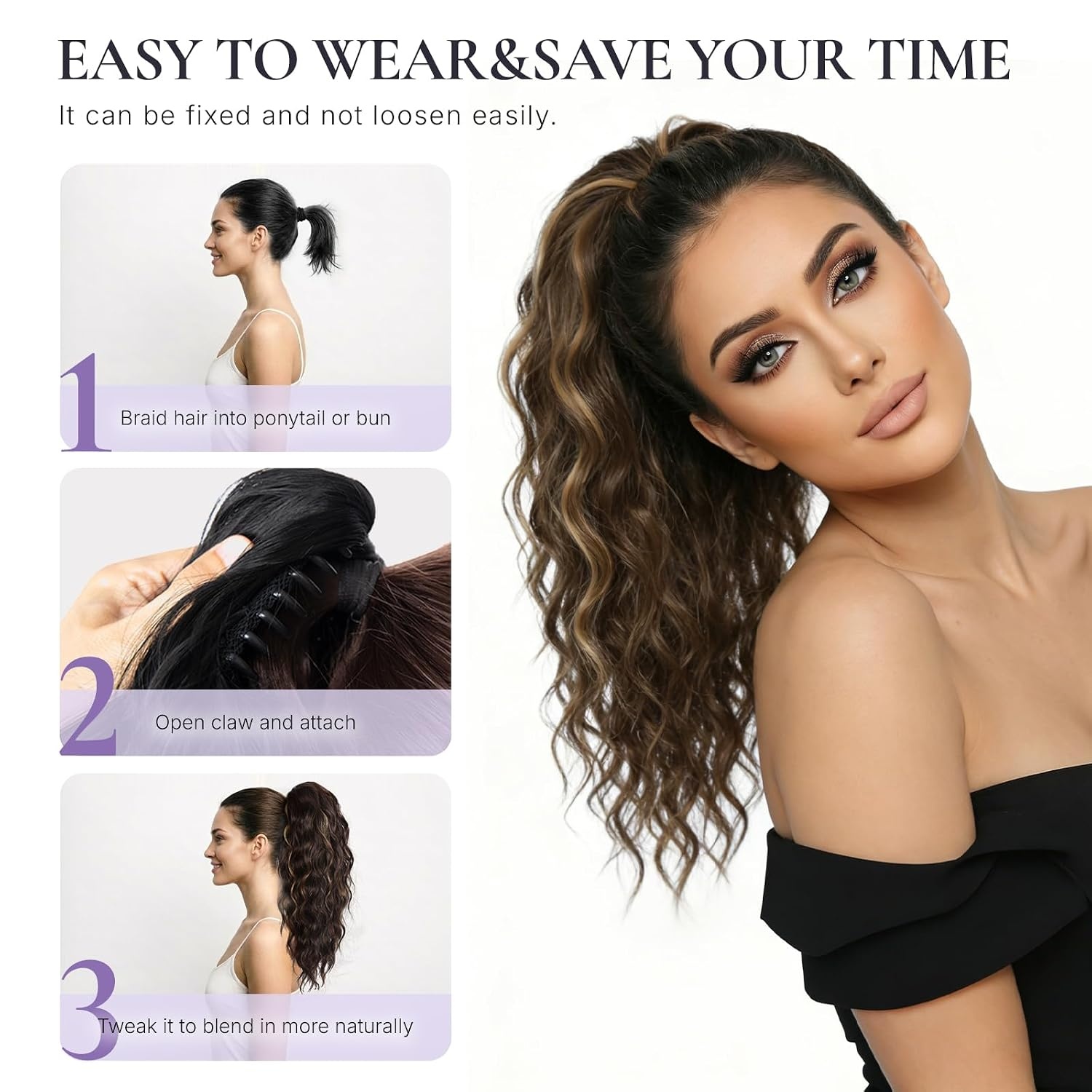 image:imageZQIAN BEAUTY 18 Inch Claw Clip Ponytail Extension Wavy Pony Tails Hair Extensions Synthetic Hair Extensions Ponytail Clip On Ponytails for Women Dark Brown with Honey Blonde HighlightsMedium Brown with Blonde Highlights
