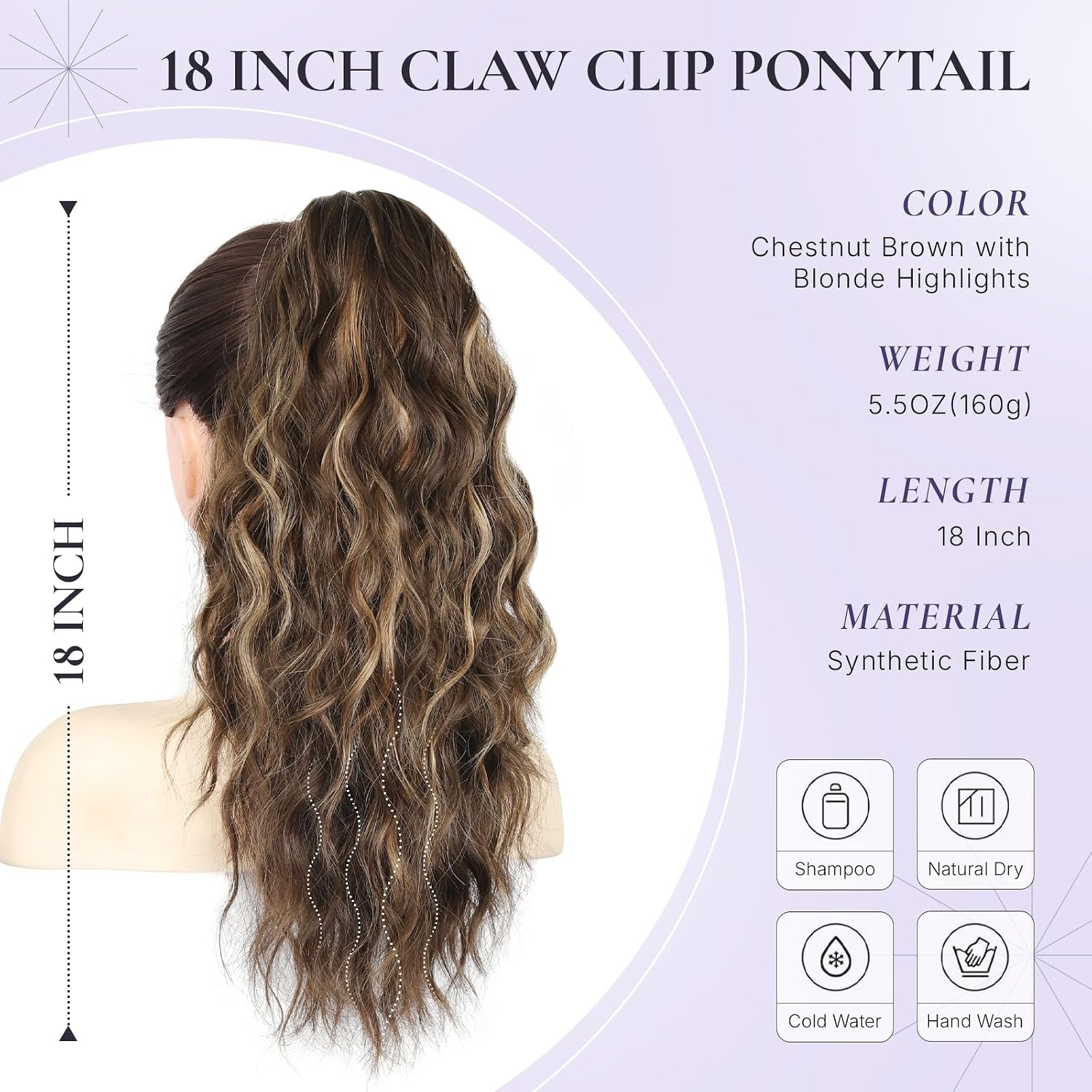image:imageZQIAN BEAUTY 18 Inch Claw Clip Ponytail Extension Wavy Pony Tails Hair Extensions Synthetic Hair Extensions Ponytail Clip On Ponytails for Women Dark Brown with Honey Blonde HighlightsChestnut Brown with Blonde Highlights