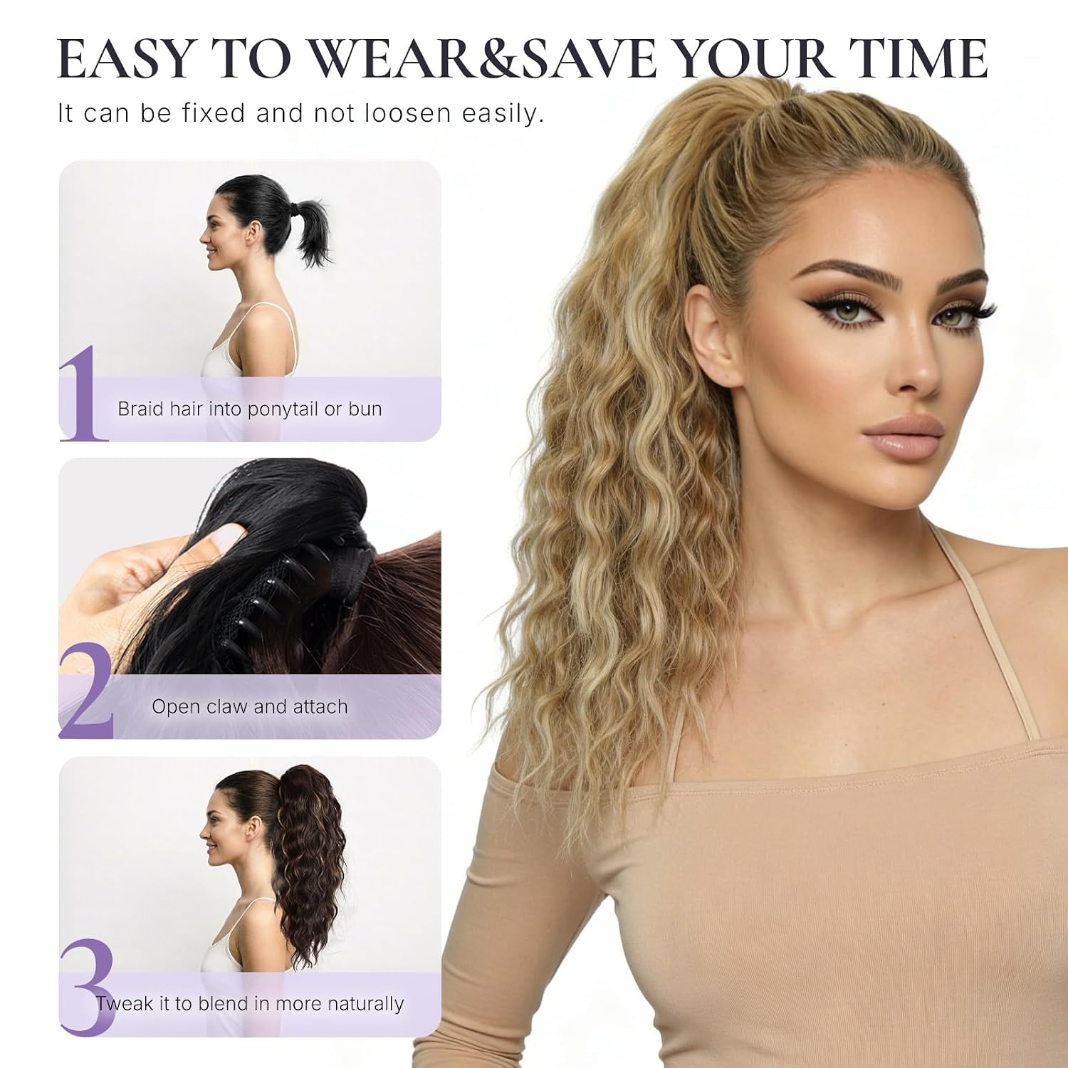 image:imageZQIAN BEAUTY 18 Inch Claw Clip Ponytail Extension Wavy Pony Tails Hair Extensions Synthetic Hair Extensions Ponytail Clip On Ponytails for Women Dark Brown with Honey Blonde HighlightsMedium Blonde with Beige Blonde Highlights