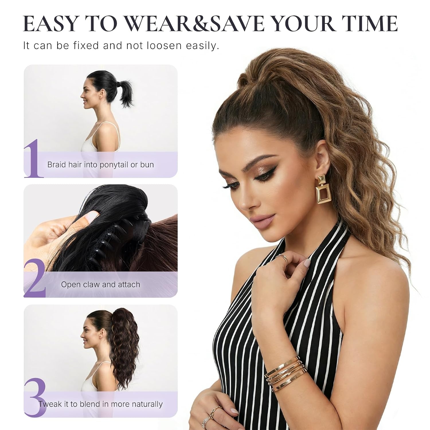 image:imageZQIAN BEAUTY 18 Inch Claw Clip Ponytail Extension Wavy Pony Tails Hair Extensions Synthetic Hair Extensions Ponytail Clip On Ponytails for Women Dark Brown with Honey Blonde HighlightsLight Brown with Blonde Ends