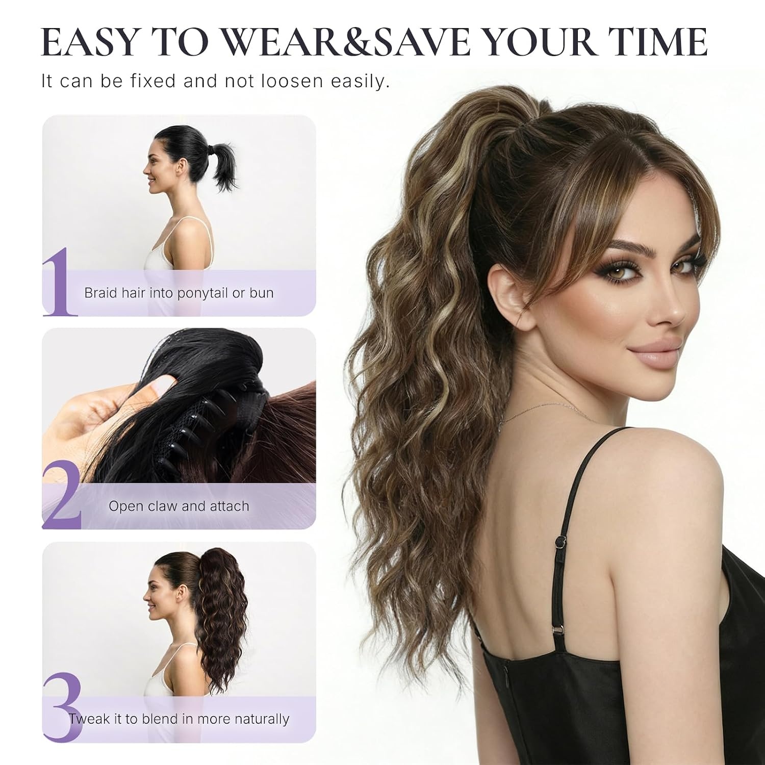image:imageZQIAN BEAUTY 18 Inch Claw Clip Ponytail Extension Wavy Pony Tails Hair Extensions Synthetic Hair Extensions Ponytail Clip On Ponytails for Women Dark Brown with Honey Blonde HighlightsAsh Brown with Beige Blonde Highlights