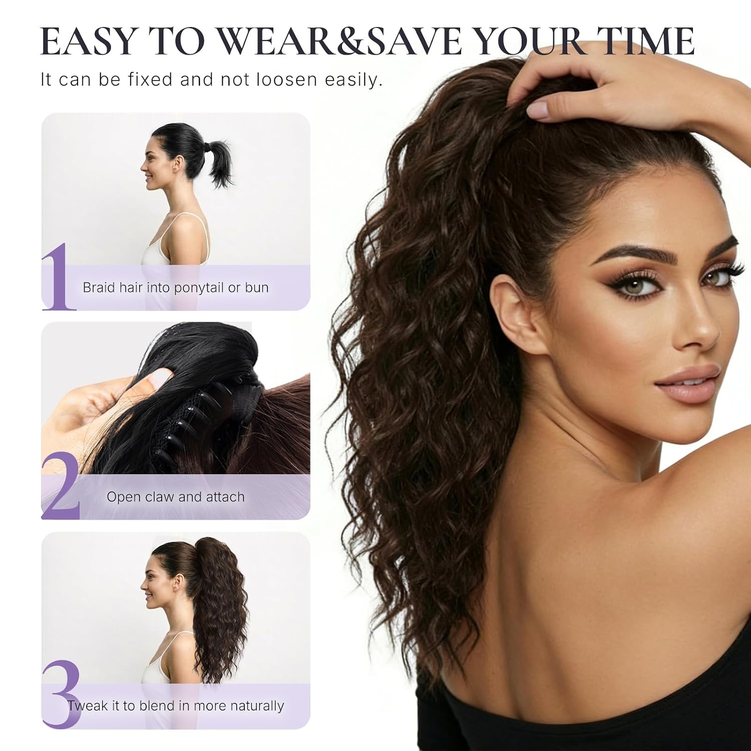 image:imageZQIAN BEAUTY 18 Inch Claw Clip Ponytail Extension Wavy Pony Tails Hair Extensions Synthetic Hair Extensions Ponytail Clip On Ponytails for Women Dark Brown with Honey Blonde HighlightsChocolate Brown