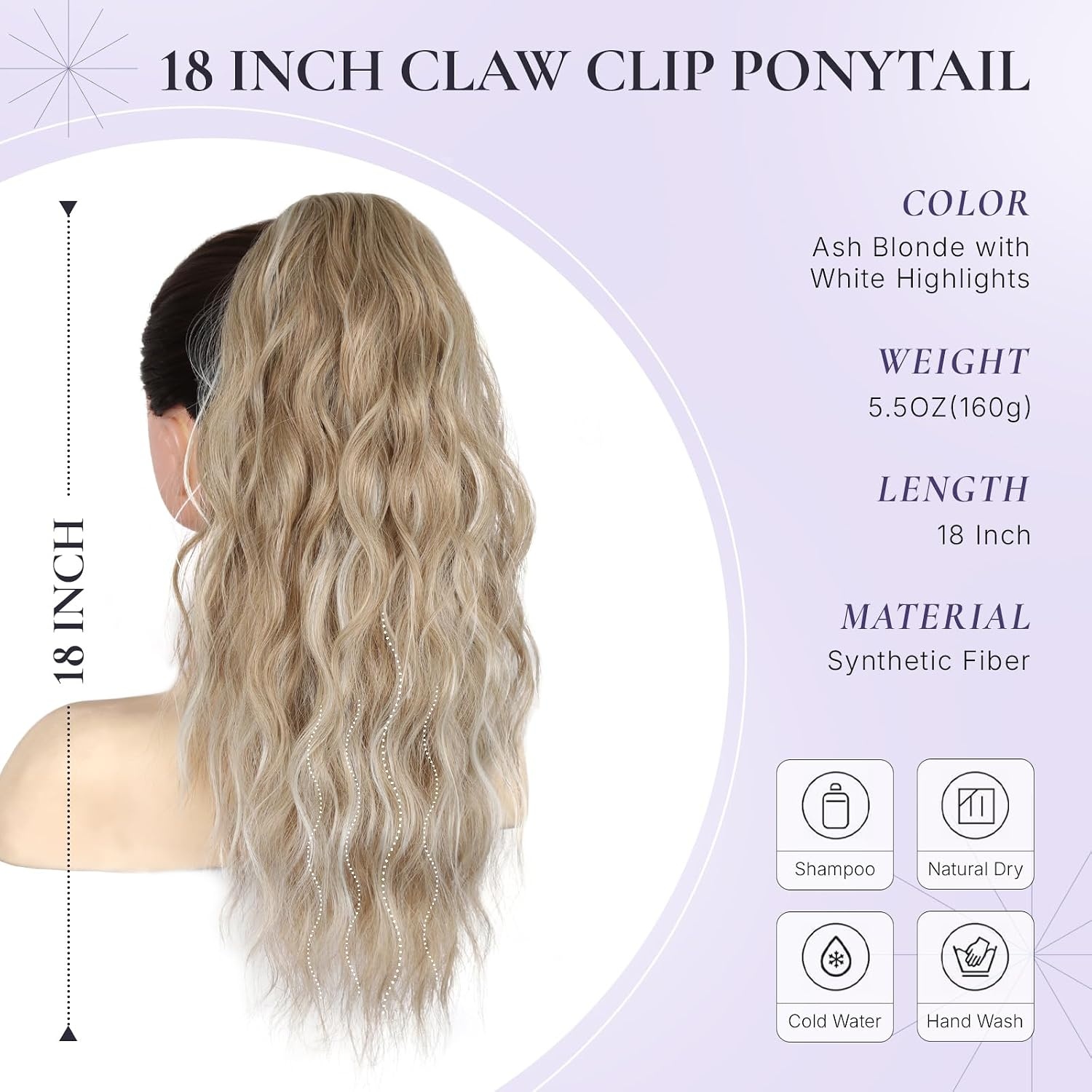 image:imageZQIAN BEAUTY 18 Inch Claw Clip Ponytail Extension Wavy Pony Tails Hair Extensions Synthetic Hair Extensions Ponytail Clip On Ponytails for Women Dark Brown with Honey Blonde HighlightsAsh Blonde with White Highlights
