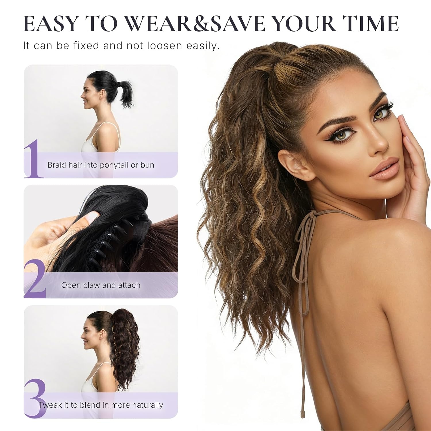 image:imageZQIAN BEAUTY 18 Inch Claw Clip Ponytail Extension Wavy Pony Tails Hair Extensions Synthetic Hair Extensions Ponytail Clip On Ponytails for Women Dark Brown with Honey Blonde HighlightsChestnut Brown with Blonde Highlights