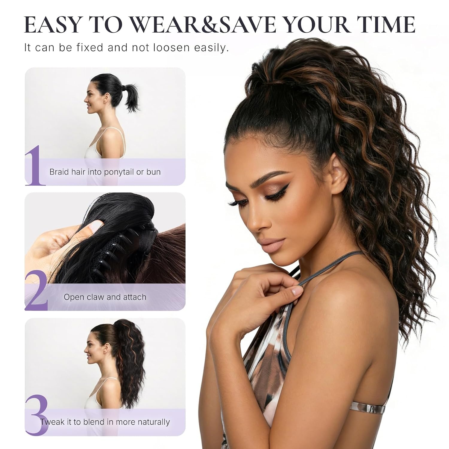 image:imageZQIAN BEAUTY 18 Inch Claw Clip Ponytail Extension Wavy Pony Tails Hair Extensions Synthetic Hair Extensions Ponytail Clip On Ponytails for Women Dark Brown with Honey Blonde HighlightsDark Brown with Honey Blonde Highlights