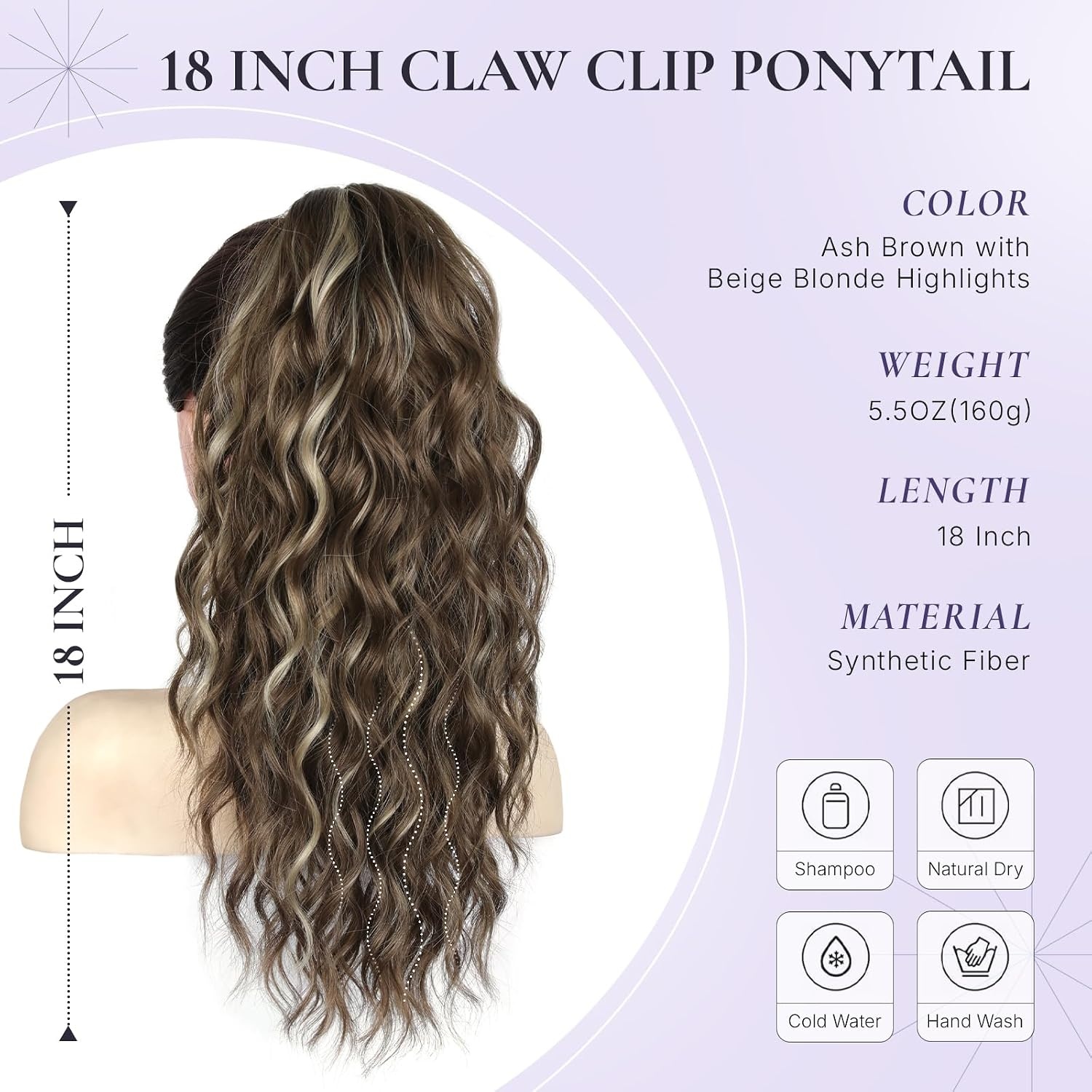 image:imageZQIAN BEAUTY 18 Inch Claw Clip Ponytail Extension Wavy Pony Tails Hair Extensions Synthetic Hair Extensions Ponytail Clip On Ponytails for Women Dark Brown with Honey Blonde HighlightsAsh Brown with Beige Blonde Highlights