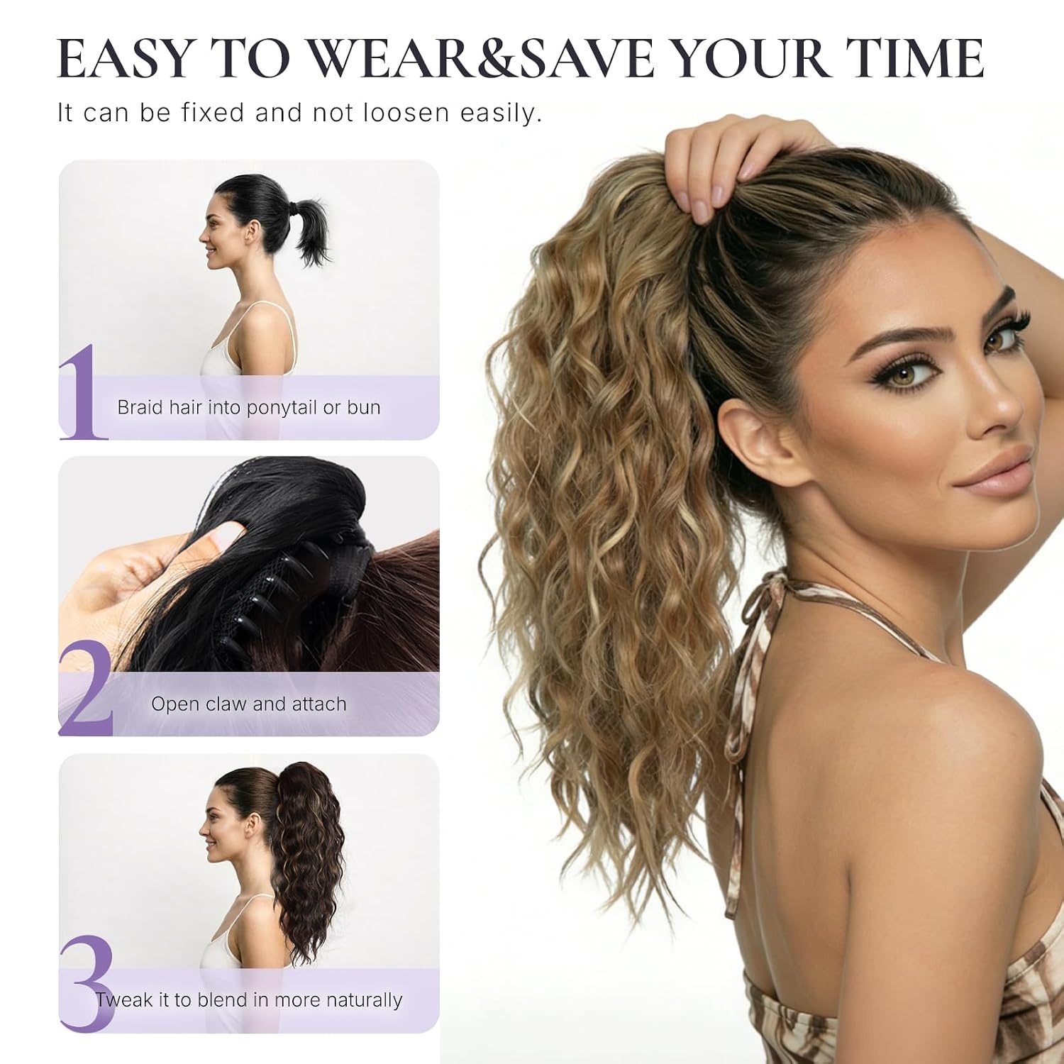 image:imageZQIAN BEAUTY 18 Inch Claw Clip Ponytail Extension Wavy Pony Tails Hair Extensions Synthetic Hair Extensions Ponytail Clip On Ponytails for Women Dark Brown with Honey Blonde HighlightsDark Blonde with Beige Blonde Highlights