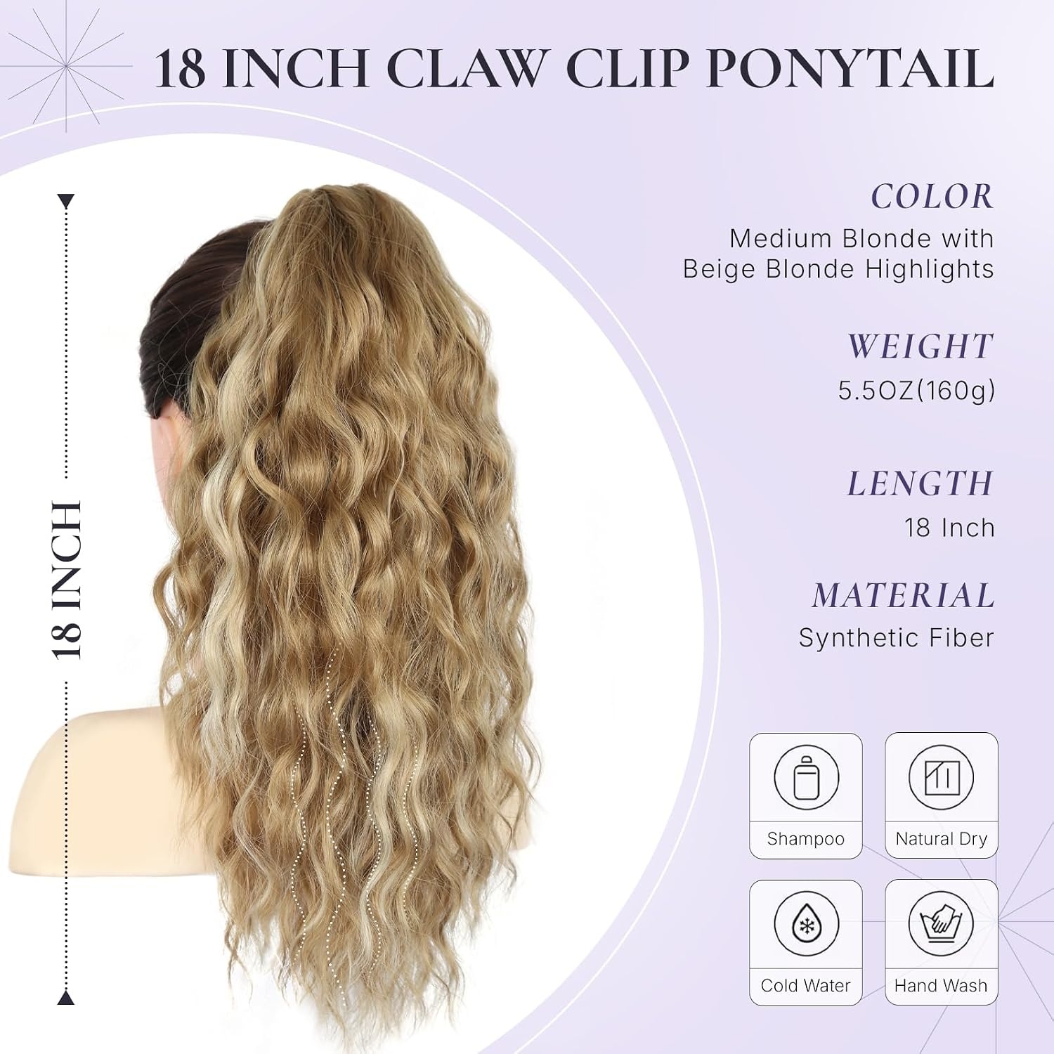 image:imageZQIAN BEAUTY 18 Inch Claw Clip Ponytail Extension Wavy Pony Tails Hair Extensions Synthetic Hair Extensions Ponytail Clip On Ponytails for Women Dark Brown with Honey Blonde HighlightsMedium Blonde with Beige Blonde Highlights