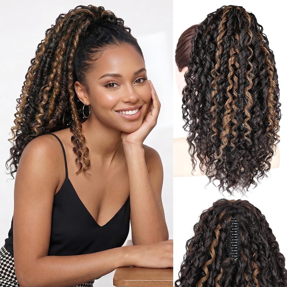 image:image16 Inch Ponytail Extension Clip in Ponytail Hair Extensions Curly Spring Curls Pony Tails Hair Extensions Synthetic Claw Clip Ponytail Extension for Women Color Copper BrownDark Brown with Honey Blonde Highlights