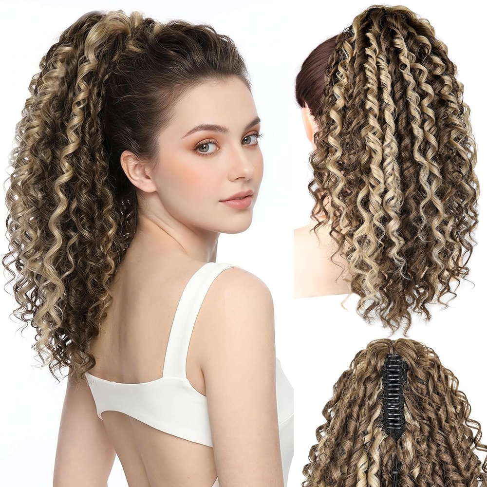 image:image16 Inch Ponytail Extension Clip in Ponytail Hair Extensions Curly Spring Curls Pony Tails Hair Extensions Synthetic Claw Clip Ponytail Extension for Women Color Copper BrownAsh Brown with Beige Blonde Highlights