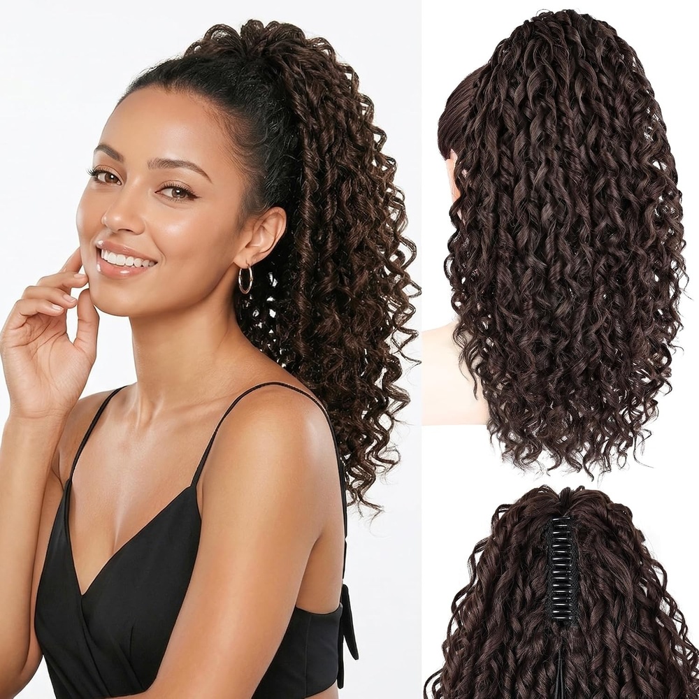 image:image16 Inch Ponytail Extension Clip in Ponytail Hair Extensions Curly Spring Curls Pony Tails Hair Extensions Synthetic Claw Clip Ponytail Extension for Women Color Copper BrownChocolate Brown