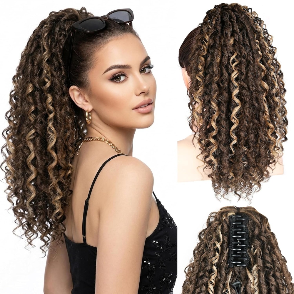image:image16 Inch Ponytail Extension Clip in Ponytail Hair Extensions Curly Spring Curls Pony Tails Hair Extensions Synthetic Claw Clip Ponytail Extension for Women Color Copper BrownChestnut Brown With Golden Highlights