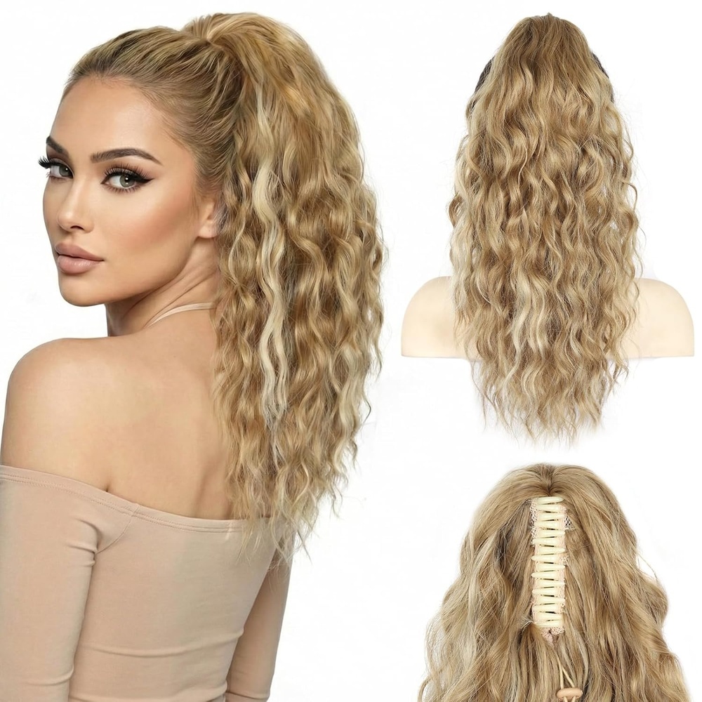 image:imageZQIAN BEAUTY 18 Inch Claw Clip Ponytail Extension Wavy Pony Tails Hair Extensions Synthetic Hair Extensions Ponytail Clip On Ponytails for Women Dark Brown with Honey Blonde HighlightsMedium Blonde with Beige Blonde Highlights