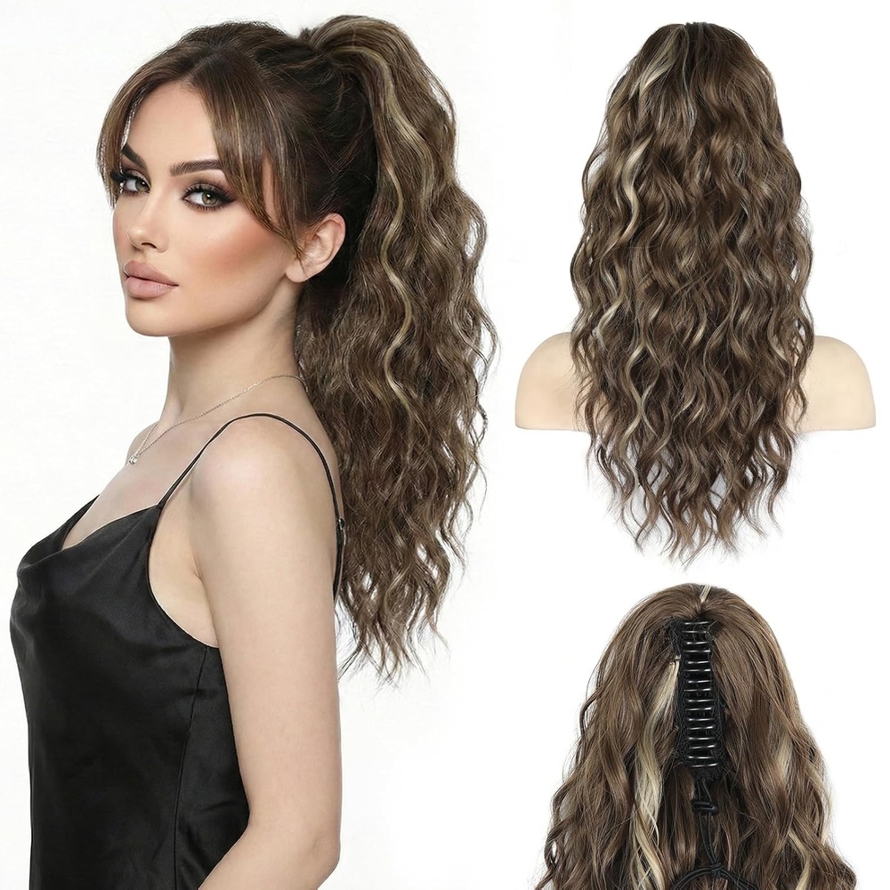 image:imageZQIAN BEAUTY 18 Inch Claw Clip Ponytail Extension Wavy Pony Tails Hair Extensions Synthetic Hair Extensions Ponytail Clip On Ponytails for Women Dark Brown with Honey Blonde HighlightsAsh Brown with Beige Blonde Highlights
