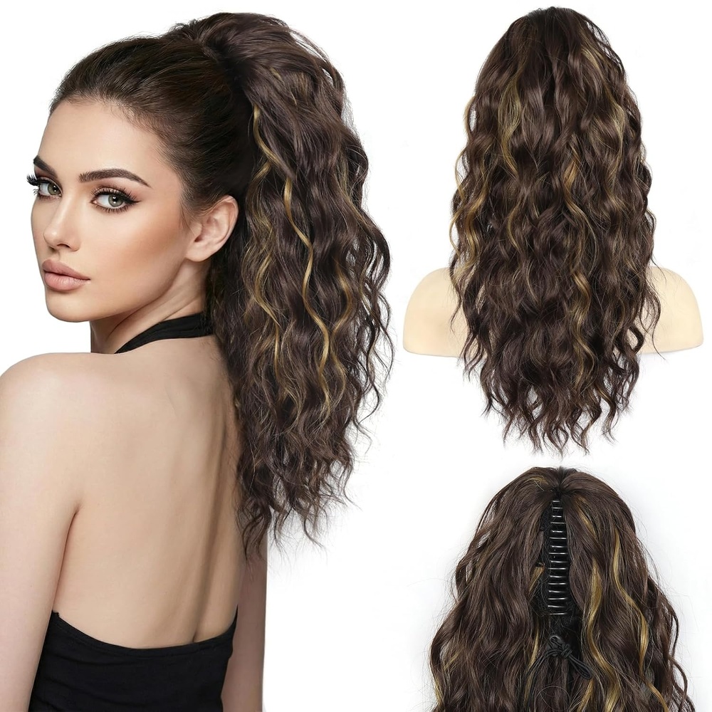 image:imageZQIAN BEAUTY 18 Inch Claw Clip Ponytail Extension Wavy Pony Tails Hair Extensions Synthetic Hair Extensions Ponytail Clip On Ponytails for Women Dark Brown with Honey Blonde HighlightsBrown with Golden Highlights
