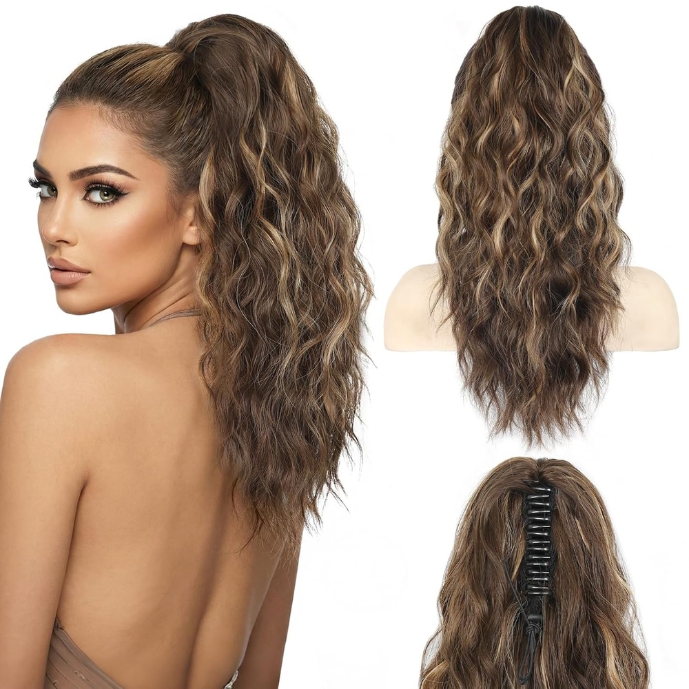 image:imageZQIAN BEAUTY 18 Inch Claw Clip Ponytail Extension Wavy Pony Tails Hair Extensions Synthetic Hair Extensions Ponytail Clip On Ponytails for Women Dark Brown with Honey Blonde HighlightsChestnut Brown with Blonde Highlights