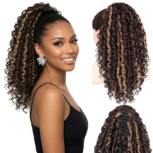 16 Inch Ponytail Extension – Clip in Ponytail Hair Extensions, Curly Spring Curls Pony Tails Hair Extensions, Synthetic Claw Clip Ponytail Extension for Women (Color: Copper Brown)(Brown with Blonde Highlights)